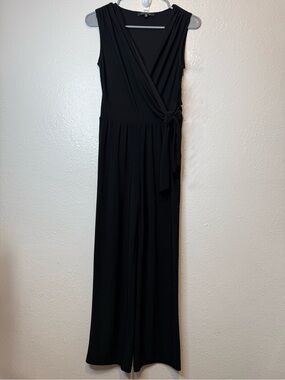 Tahari Black Jersey Jumpsuit Faux Wrap Top With Side Tie Size XS New Office